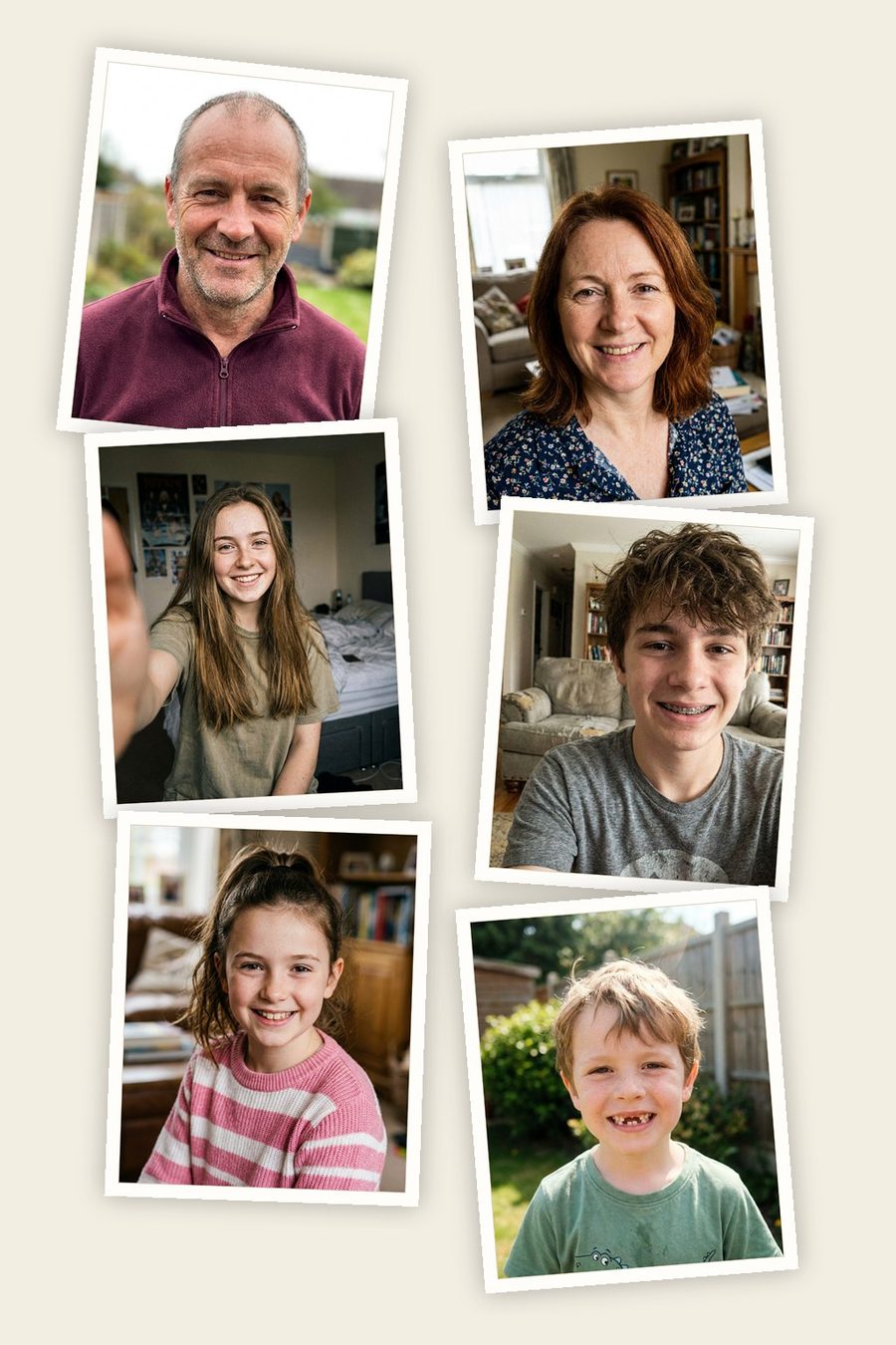 A family of six, drawn from six separate photos — the photos they sent