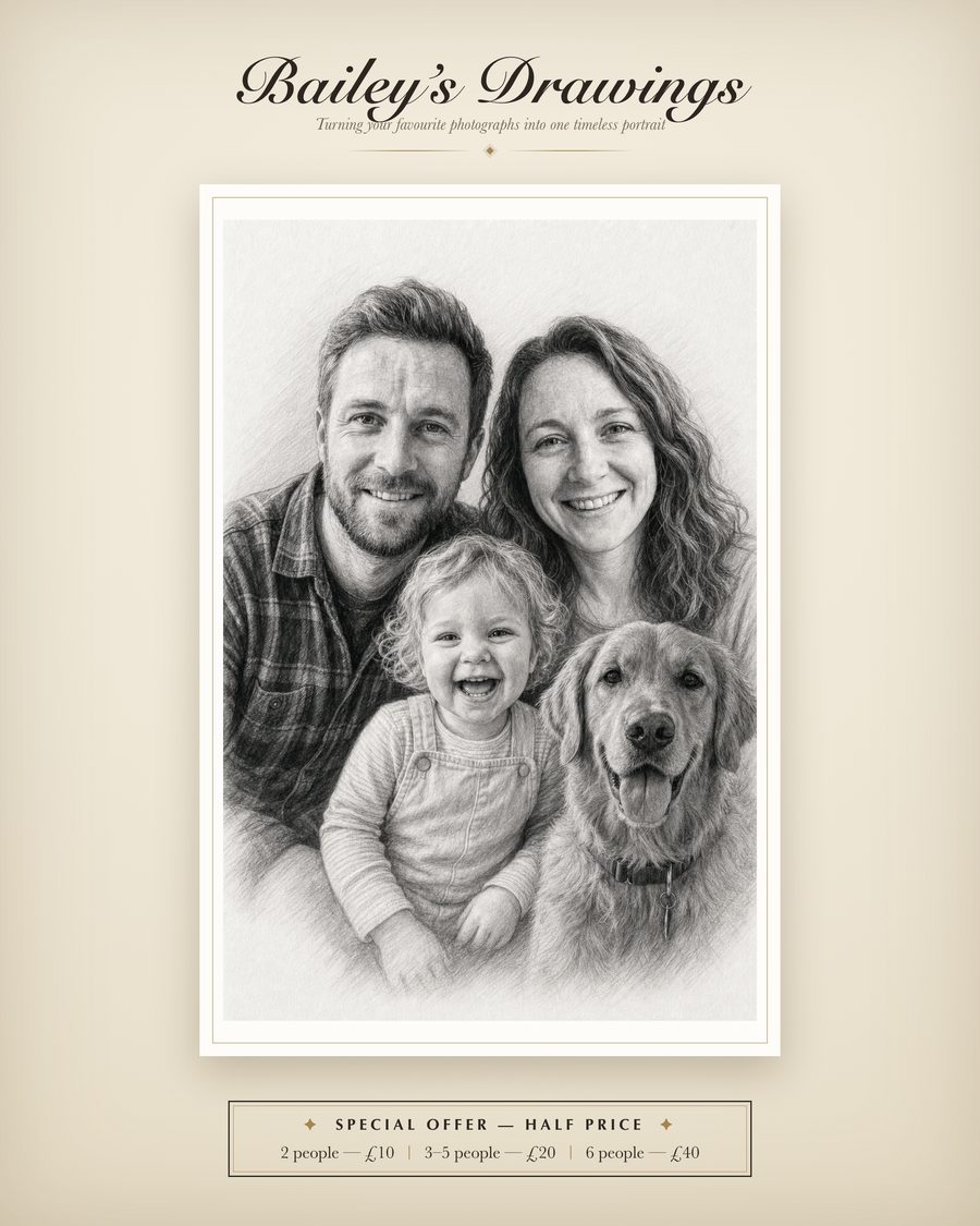 A pencil-style family portrait