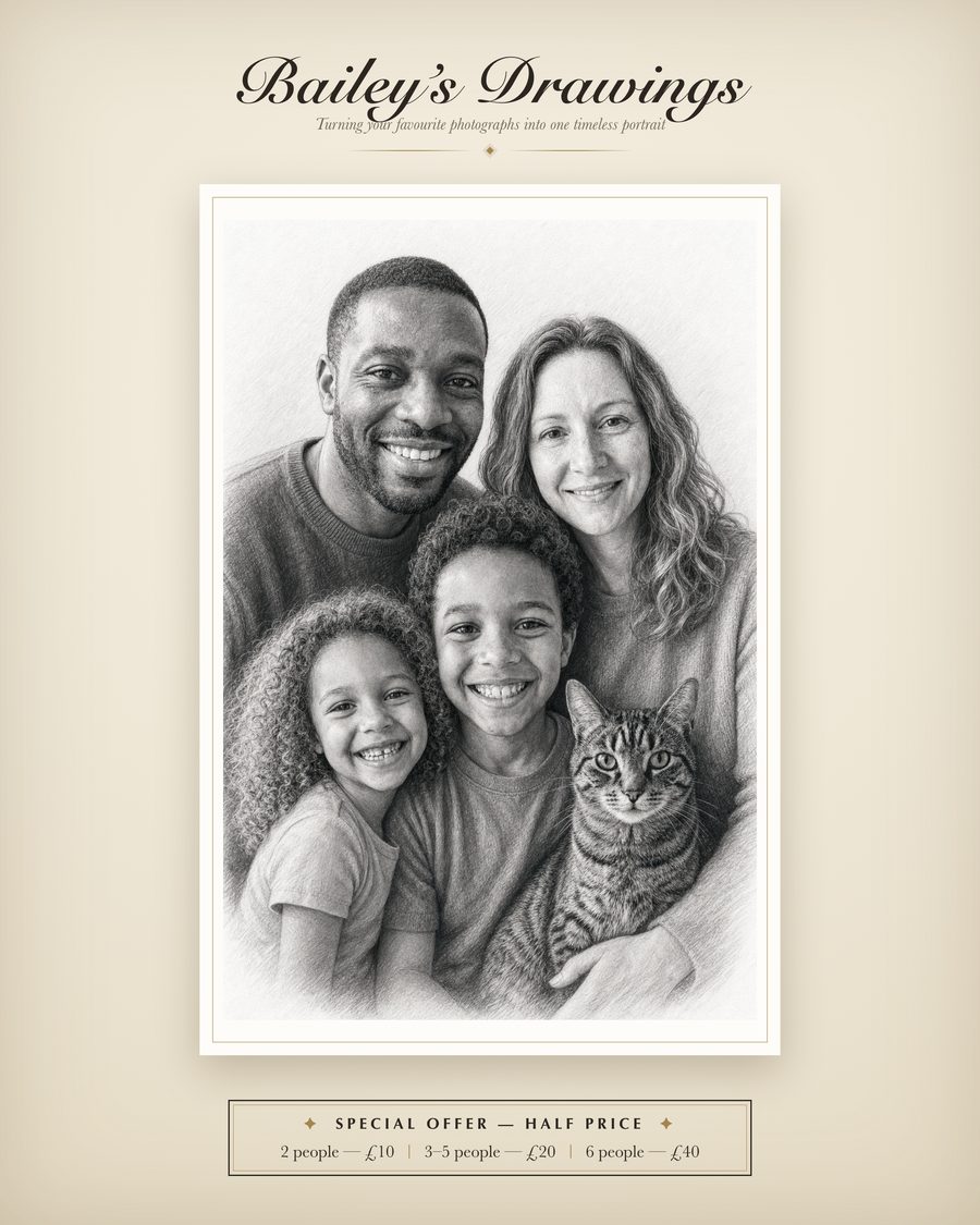 A pencil-style family portrait