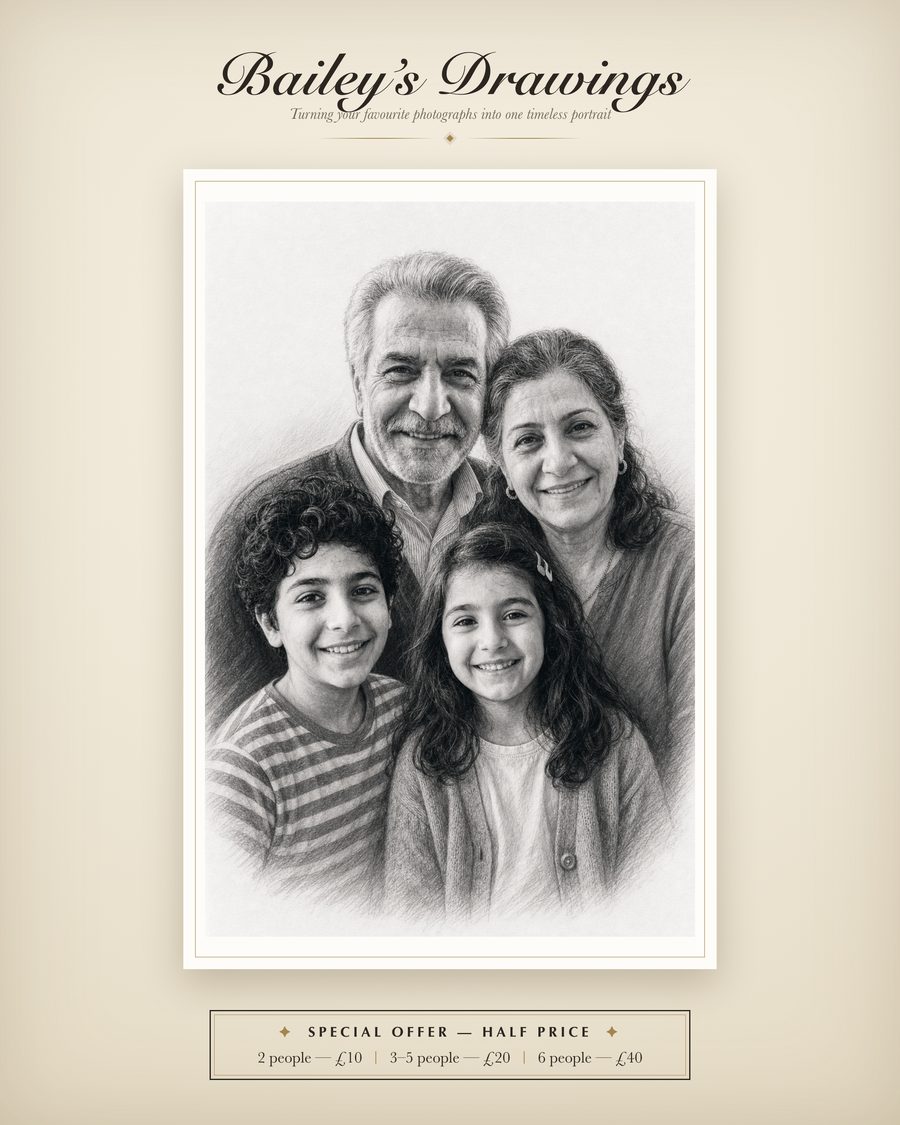 A pencil-style family portrait